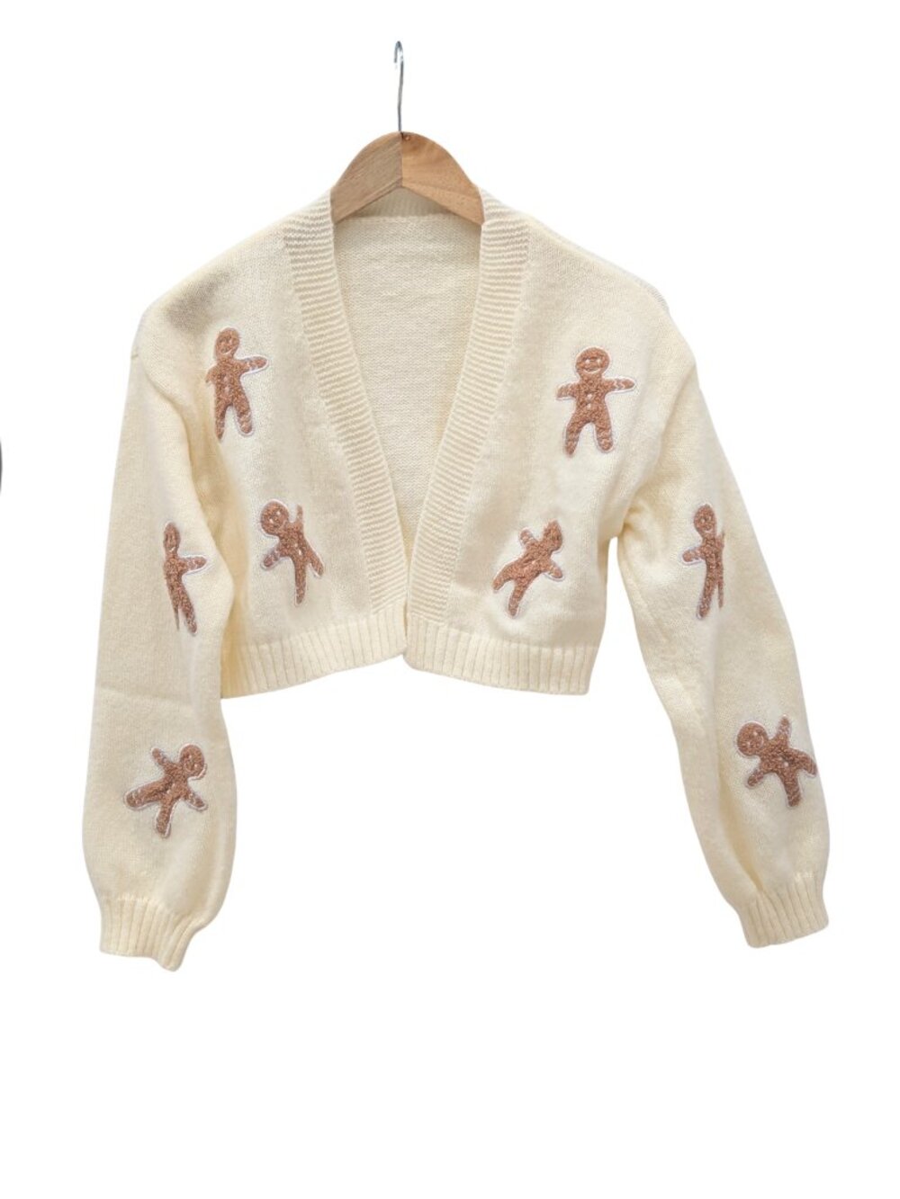 Gingerbread Christmas Cropped Cardigan Sweater Ivory Size M - Picture 2 of 6